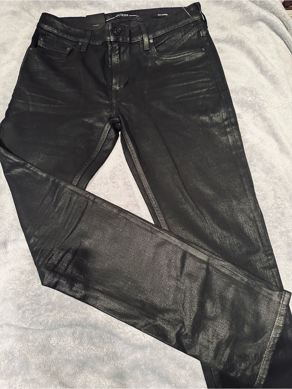 GUESS MENS Black Shiny Coated Skinny Jeans